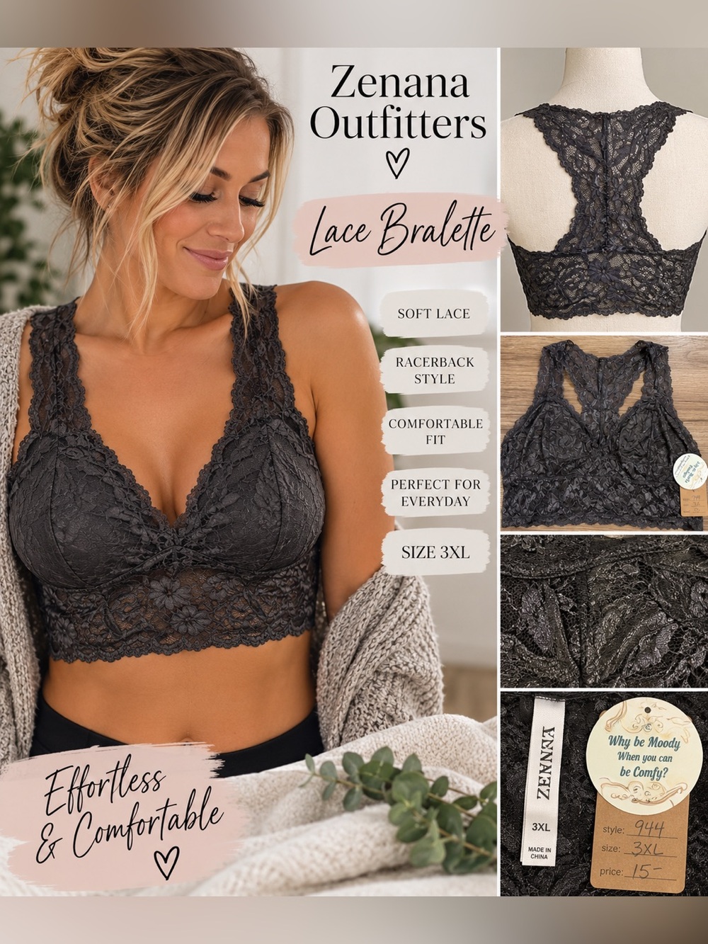 Zenana Outfitters 3XL Charcoal Lace Racerback Bralette NWT